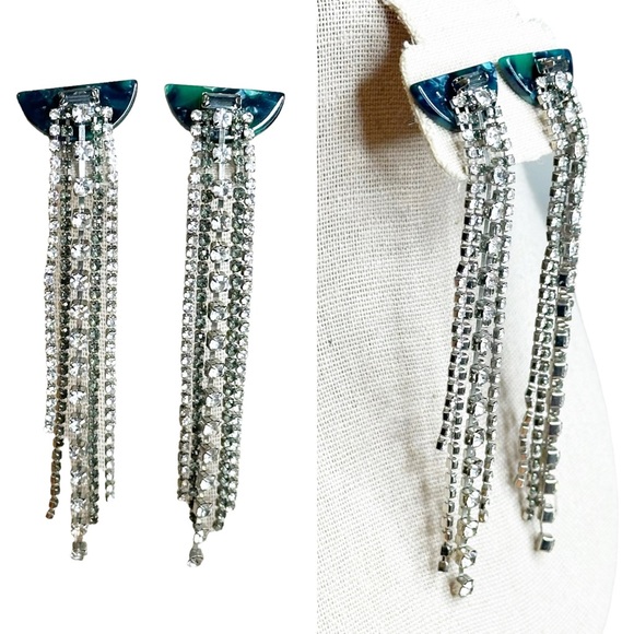 Art Deco Style Rhinestone Fringe Long Green Marbled Acrylic Earrings - Picture 1 of 7